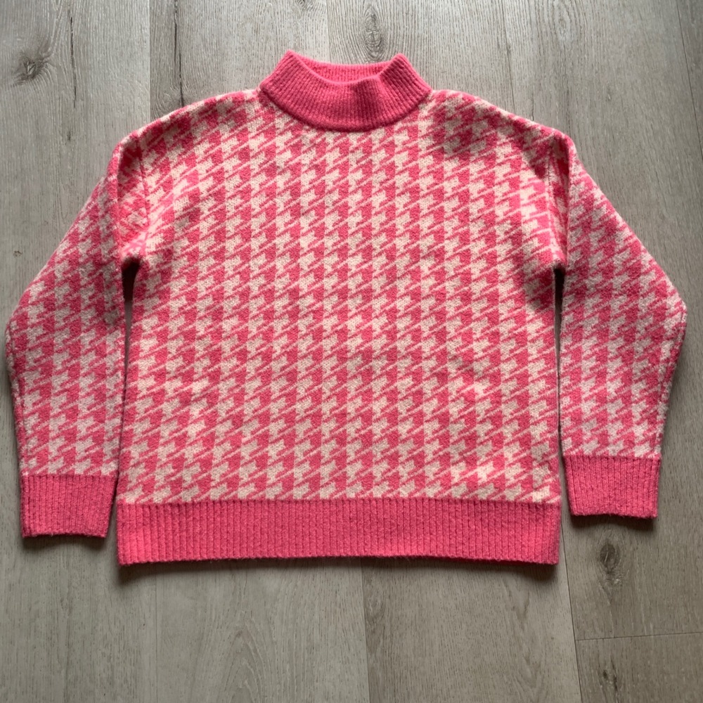 THML Pink White Houndstooth Mock Neck Knit Sweater TMX1791-PK‎ Womens Medium